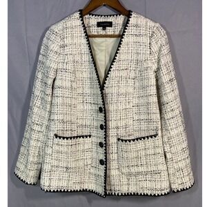 Talbots Womens Size 2 Ivory Black Tweed Rickrack Trim Blazer Button Front Jacket